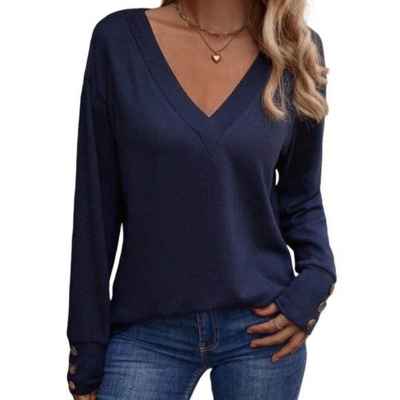 Women’s Plus Size Navy Blue V-Neck Button Long Sleeve Top - Picture 1 of 8